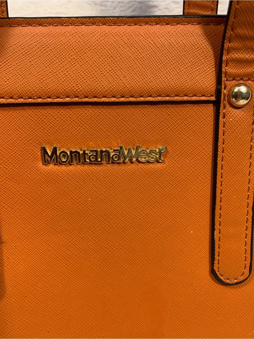Montana West Orange Structured Saffiano Tote with Gold Accents